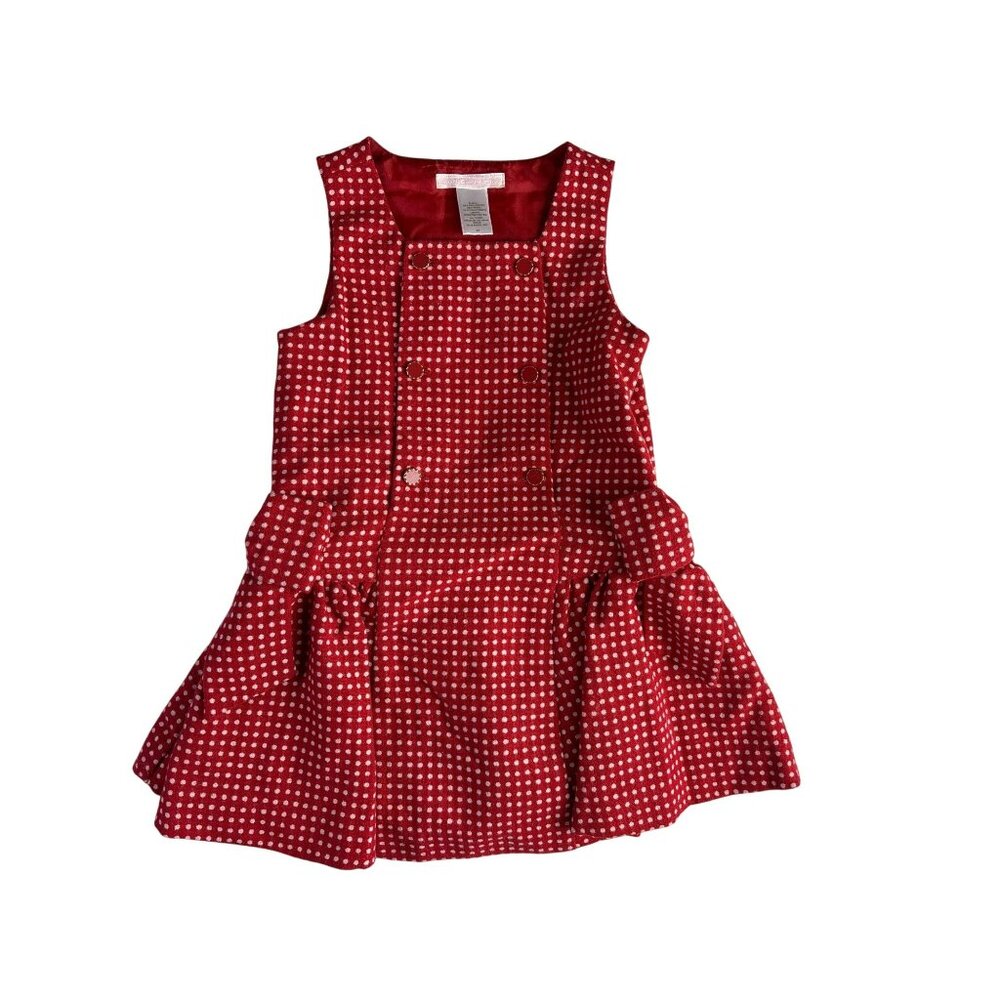 Vintage KIDS Janie and Jack Red White Polka Dot Girls Dress With Bow Detail Gold